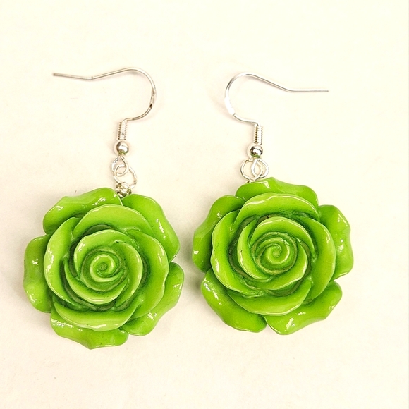 Lime Green Ploymer Clay Rose Earrings - Picture 2 of 5
